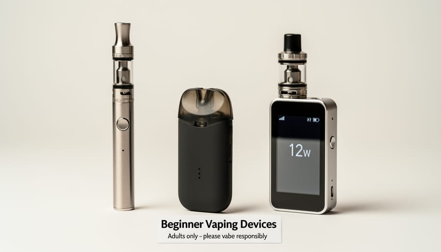 Three types of beginner vape devices including pod system, vape pen, and all-in-one kit arranged on white surface