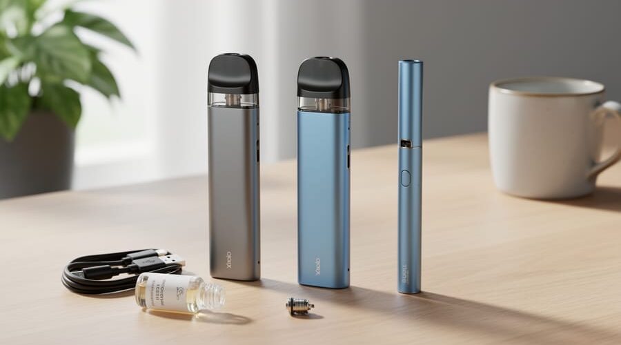 Beginner-friendly vape kit with two pod systems and a slim vape pen arranged on a desk, alongside refillable pods, a USB-C charging cable, a small unlabeled e-liquid bottle, and a spare coil, softly lit with a blurred home workspace in the background.
