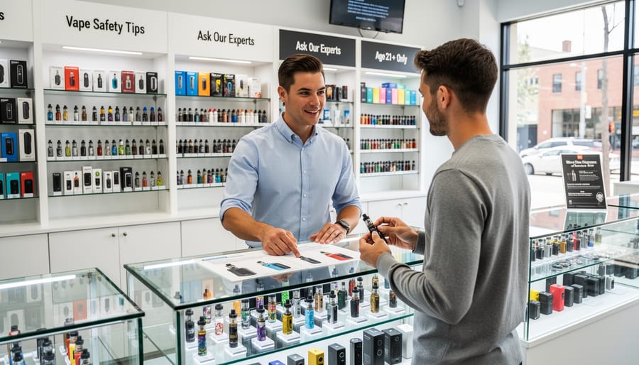 Customer examining vape device in professional vape shop with knowledgeable staff assistance