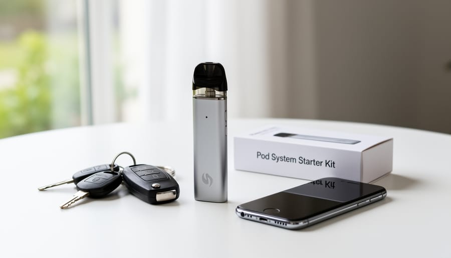 Close-up of person holding compact pod vape system showing proper grip and device size