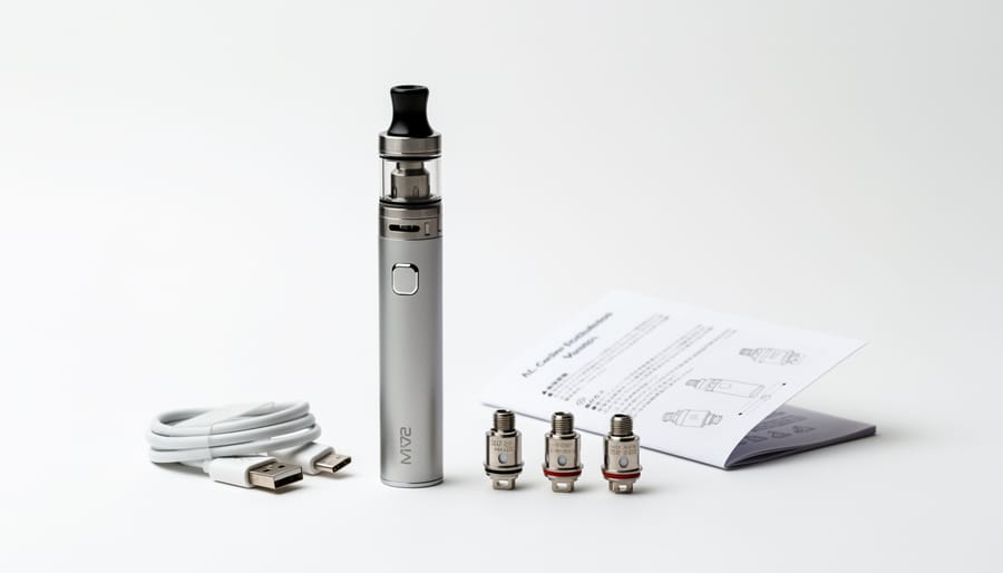 Overhead view of complete vape starter kit with all included components arranged on wooden surface