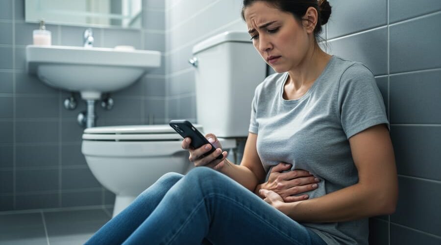 Adult sitting on a bathroom floor holding their abdomen with a concerned expression, suggesting uncomfortable digestive symptoms.