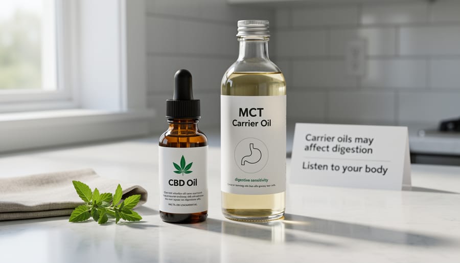 Close-up of CBD oil bottle next to a small spoonful of carrier oil on a wooden surface