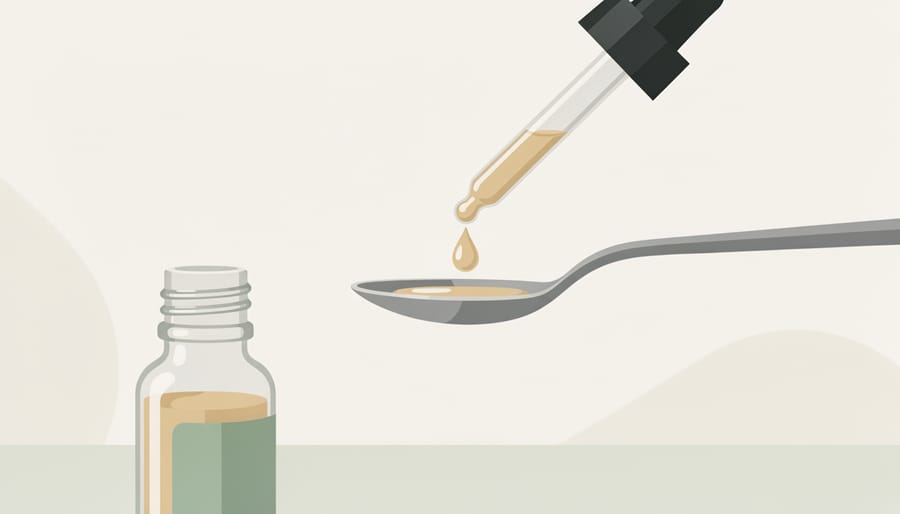Hand dispensing CBD oil drops into a teaspoon on a kitchen counter