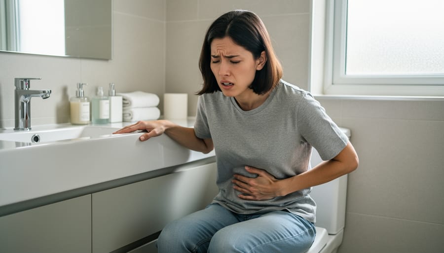 Person sitting on a bathroom floor holding their abdomen while feeling unwell