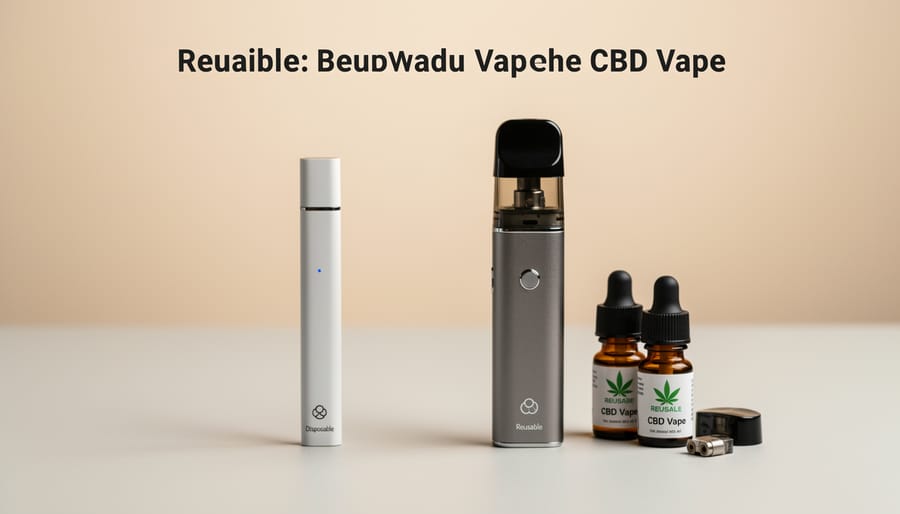 A reusable vape device and a disposable vape pen placed on a wooden table in soft natural light.