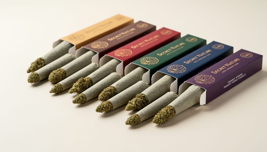 Assorted Secret Nature-style CBD pre-rolls and dried flower varieties on a wooden tray
