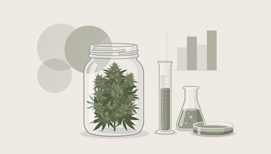 CBD hemp flower in a glass jar with a pre-roll and blank lab-report envelopes suggesting transparency