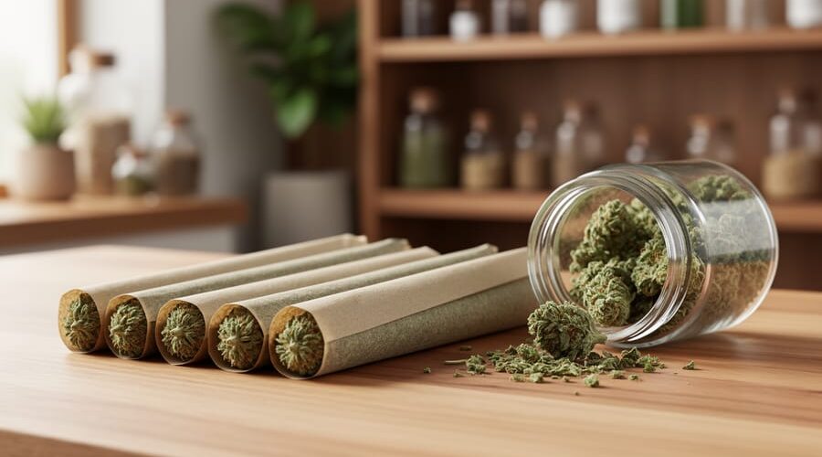 Unlit CBD hemp pre-rolls arranged on a wooden surface with cured flower in a small jar, photographed in soft natural light.