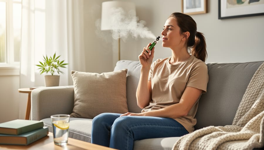 CBD vape pen and CBD e-liquid bottle on a wooden desk near houseplants.