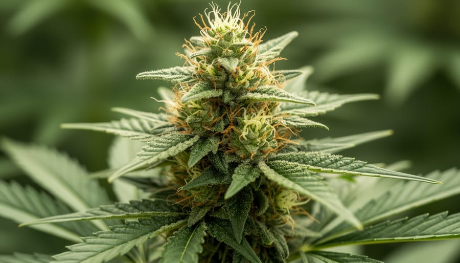 Close-up of hemp plants with resinous buds in a field.