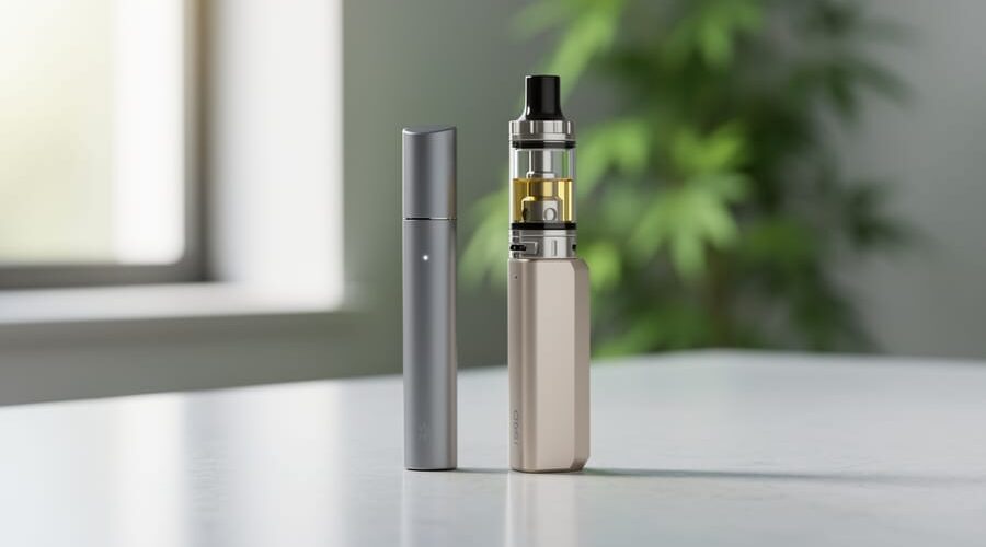 Disposable CBD vape pen and a refillable vape system placed side-by-side on a countertop with a softly blurred natural background.