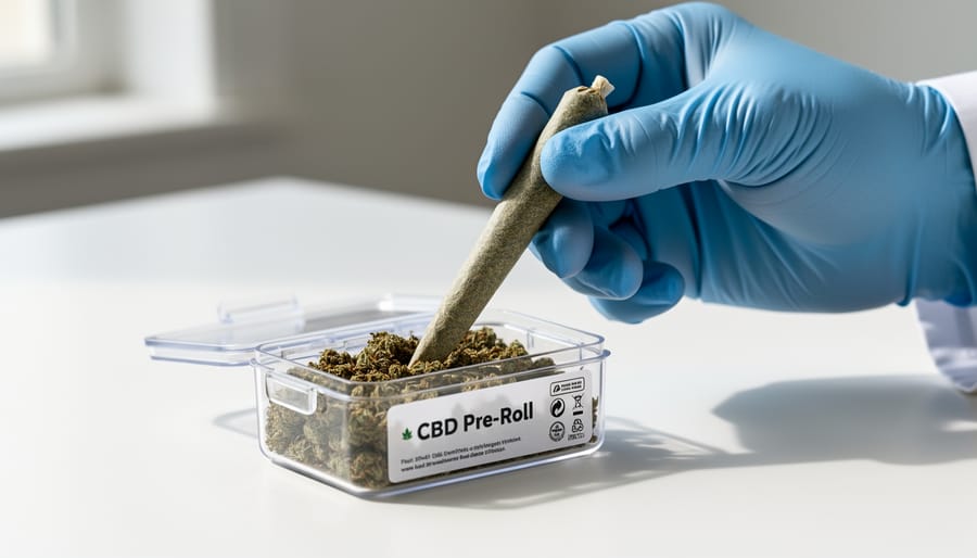 Gloved hands placing a CBD pre-roll into a secure container on a kitchen counter