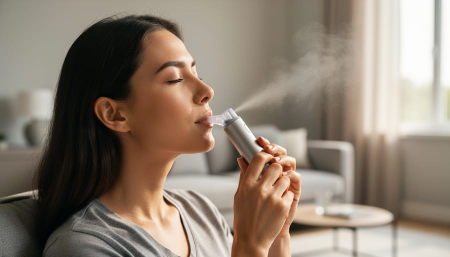 Hands holding a pod vape device near the mouth in a softly lit indoor setting.