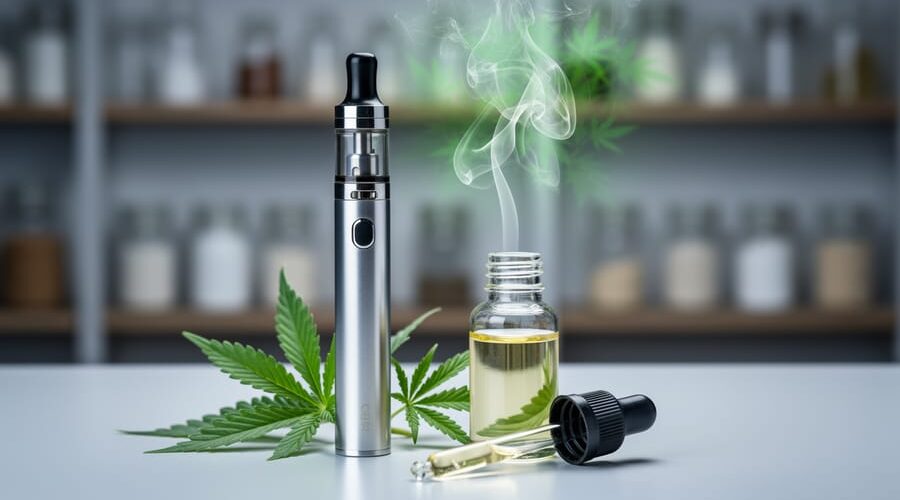 Close-up of a modern vape device emitting a soft vapor plume next to hemp leaves and a CBD dropper bottle on a clean background.
