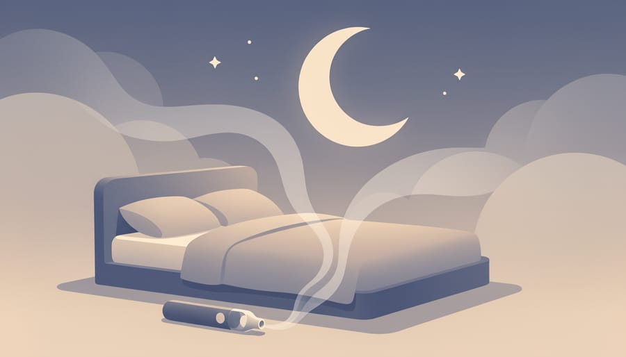 Warmly lit bedside table with a vape device in a calm nighttime bedroom scene.