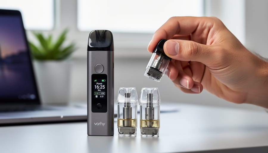 Person holding an advanced pod mod with refillable pods and spare coils arranged on a desk