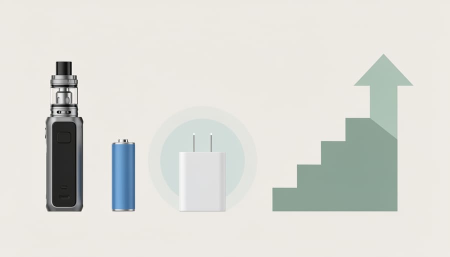 Batteries and an external vape charger arranged for safe charging on a table