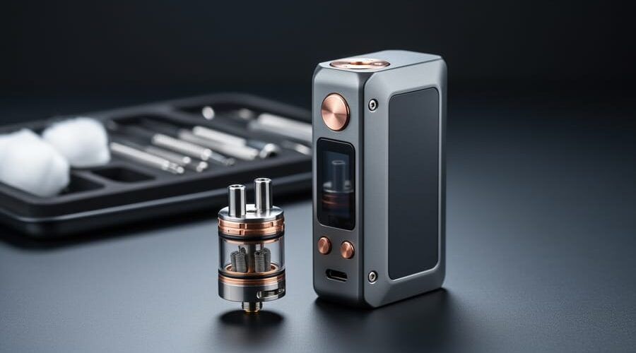 Dual-battery regulated vaping box mod next to a rebuildable atomizer on a dark workbench, photographed in a clean modern style.