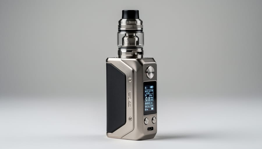 Regulated box mod with a rebuildable atomizer on a dark tabletop with blurred vaping accessories in the background