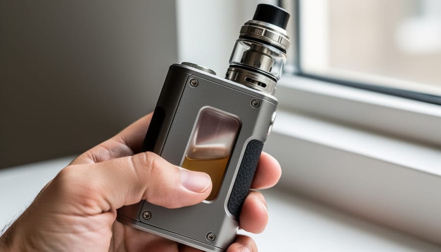 Close-up of a squonk vaping device showing its e-liquid bottle compartment and atomizer area