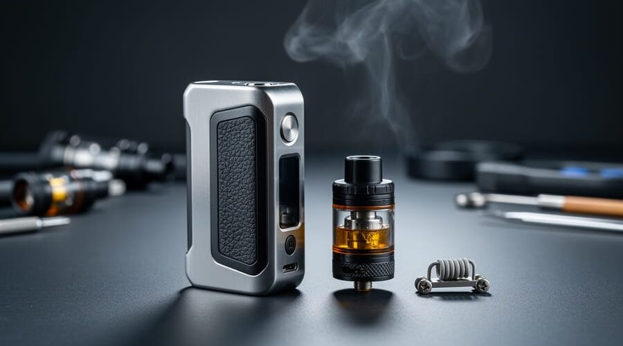 Close-up of a brushed-metal dual-battery regulated vape mod and a rebuildable atomizer with an exposed coil assembly on a dark workbench.