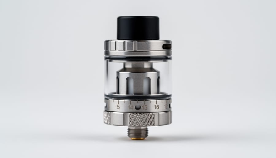 Close view of an advanced atomizer showing an adjustable airflow ring and vaping hardware in use