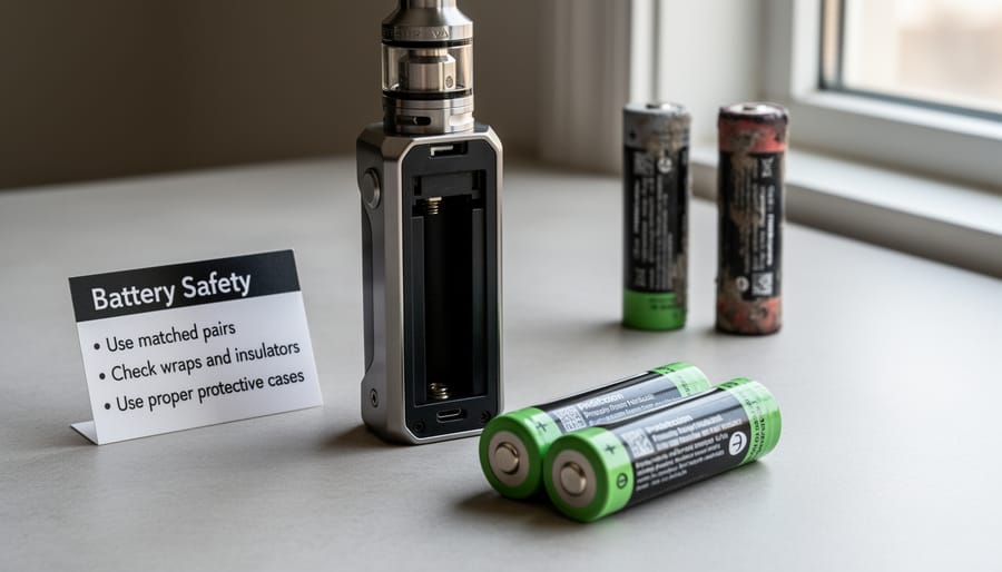 Advanced vaping mod beside matched, protected high-drain batteries on a dark workbench