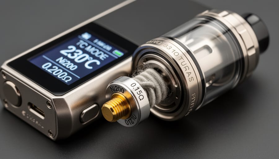 Close-up of a temperature-controlled vape mod and coil assembly with fine wire strands visible