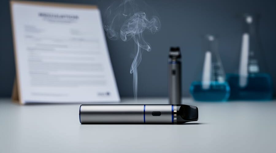 Close-up of a sleek vaping pod device on a light surface with subtle vapor rising and blurred regulatory paperwork context in the background.