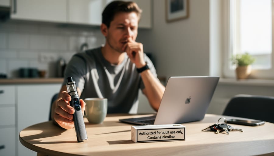 Person holding a vape device in their hands near a window, with a softly blurred background