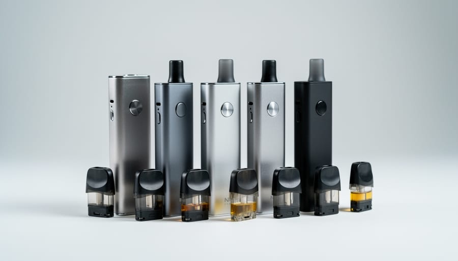 Close-up of a compact vape device with interchangeable pods on a clean tabletop